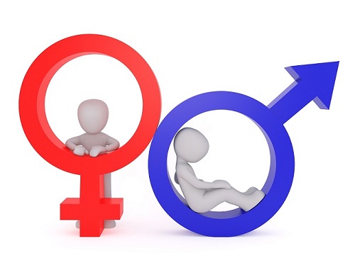 Spankinggeschichten: Zwei Figuren halten die Zeichen für Weiblich und Männlich. Frau versohlt Mann.