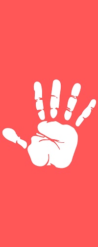 Weißer Umriss einer Hand vor einem roten Hintergrund. Utensil der Spanking Geschichten.