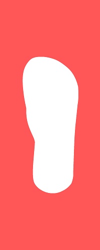 Weißer Umriss einer Badelatsche oder einer Sandale vor einem roten Hintergrund.